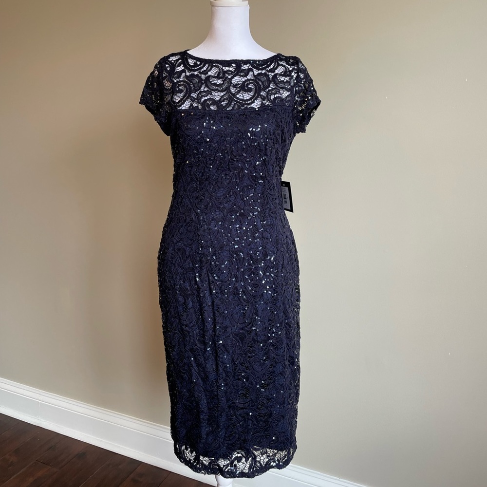 Marina Short Sleeve Stretch Sequin Lace Dress